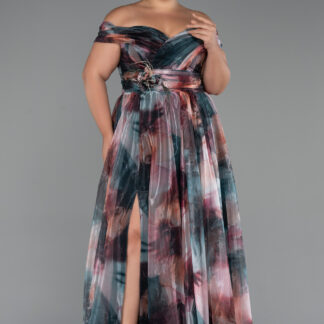 Soğan Kabuğu Kayık Yaka Uzun Empirme Büyük Beden Abiye ABU5263