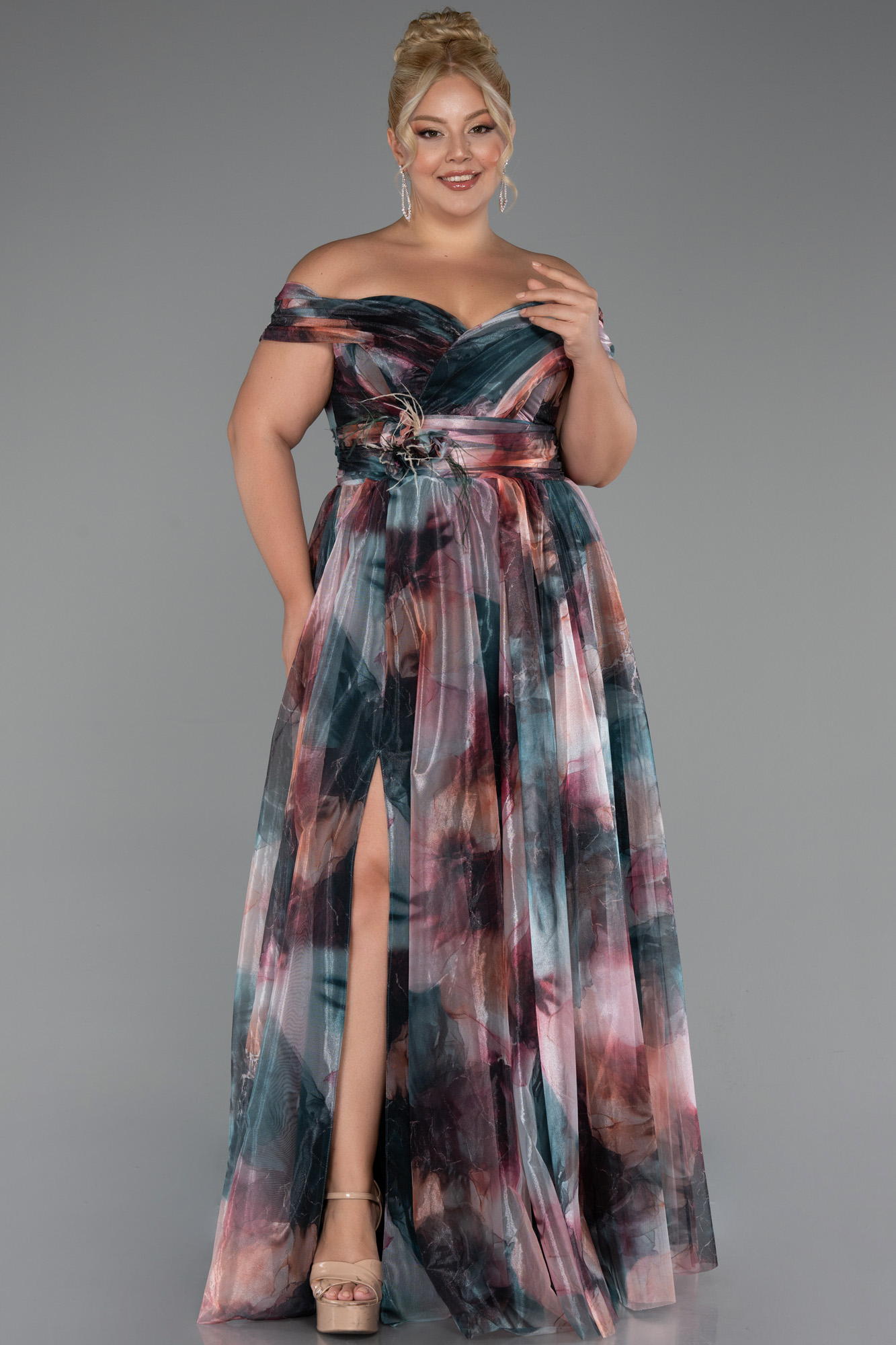 Soğan Kabuğu Kayık Yaka Uzun Empirme Büyük Beden Abiye ABU5263