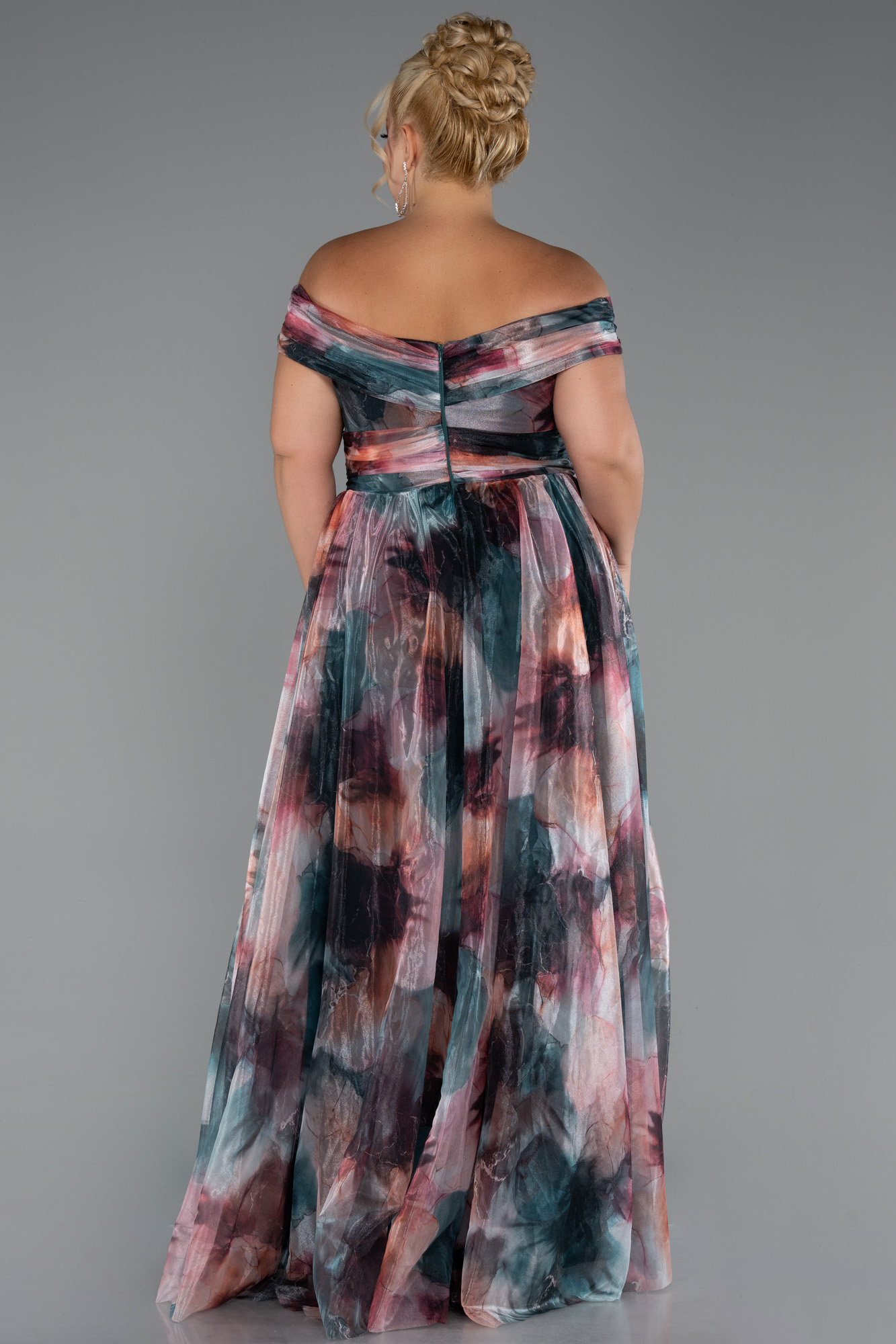 Soğan Kabuğu Kayık Yaka Uzun Empirme Büyük Beden Abiye ABU5263 - Görsel 2