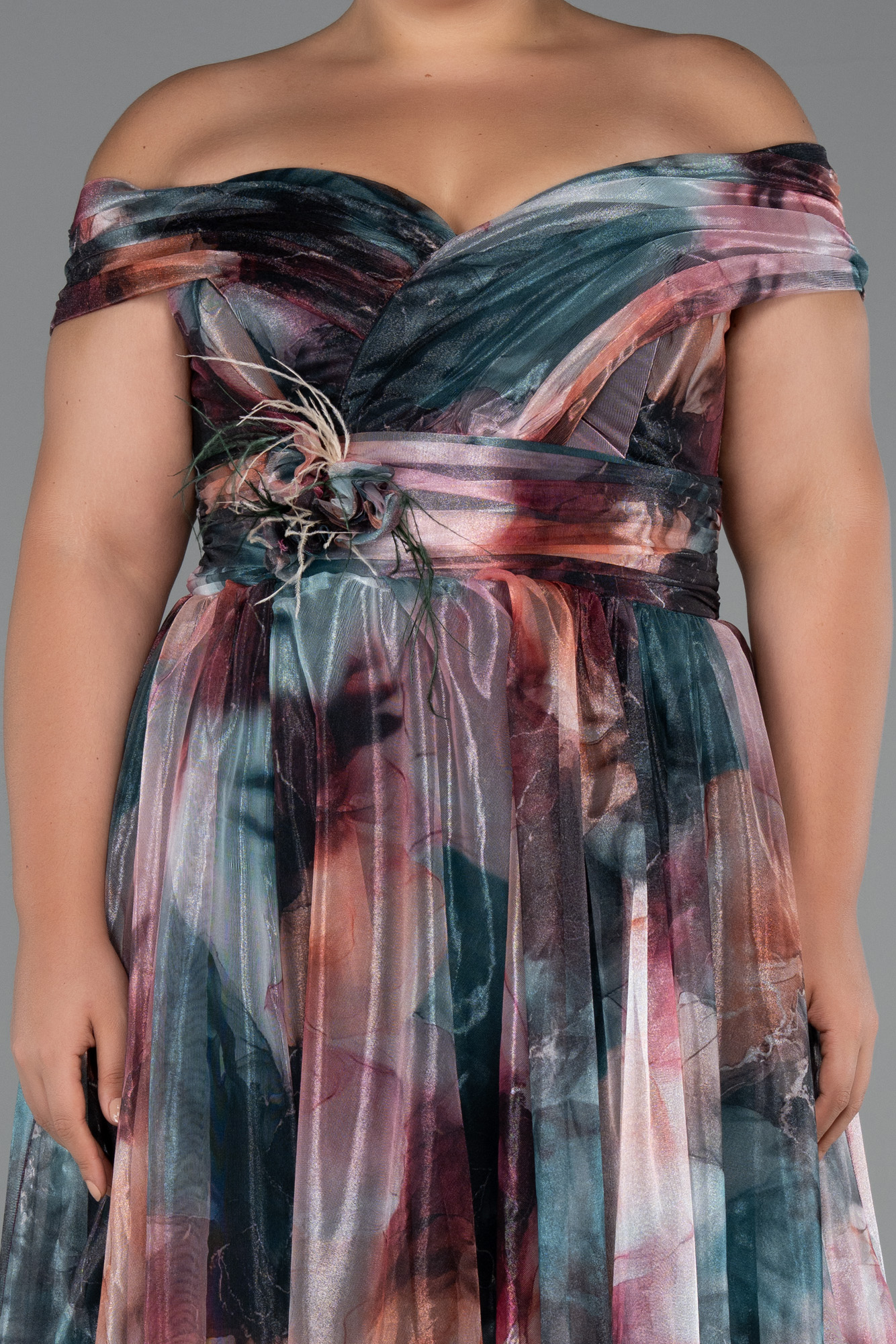 Soğan Kabuğu Kayık Yaka Uzun Empirme Büyük Beden Abiye ABU5263 - Görsel 3