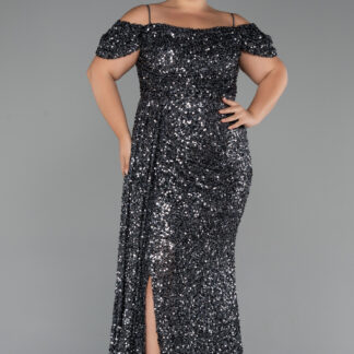 Antrasit  Kuyruklu Uzun Pul Payet Büyük Beden Abiye ABU5232