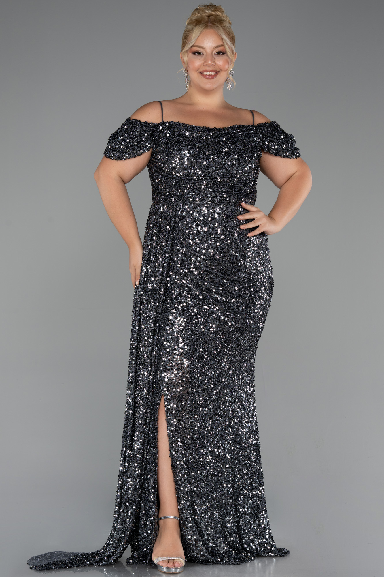 Antrasit Kuyruklu Uzun Pul Payet Büyük Beden Abiye ABU5232