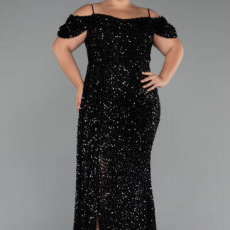 Siyah  Kuyruklu Uzun Pul Payet Büyük Beden Abiye ABU5232