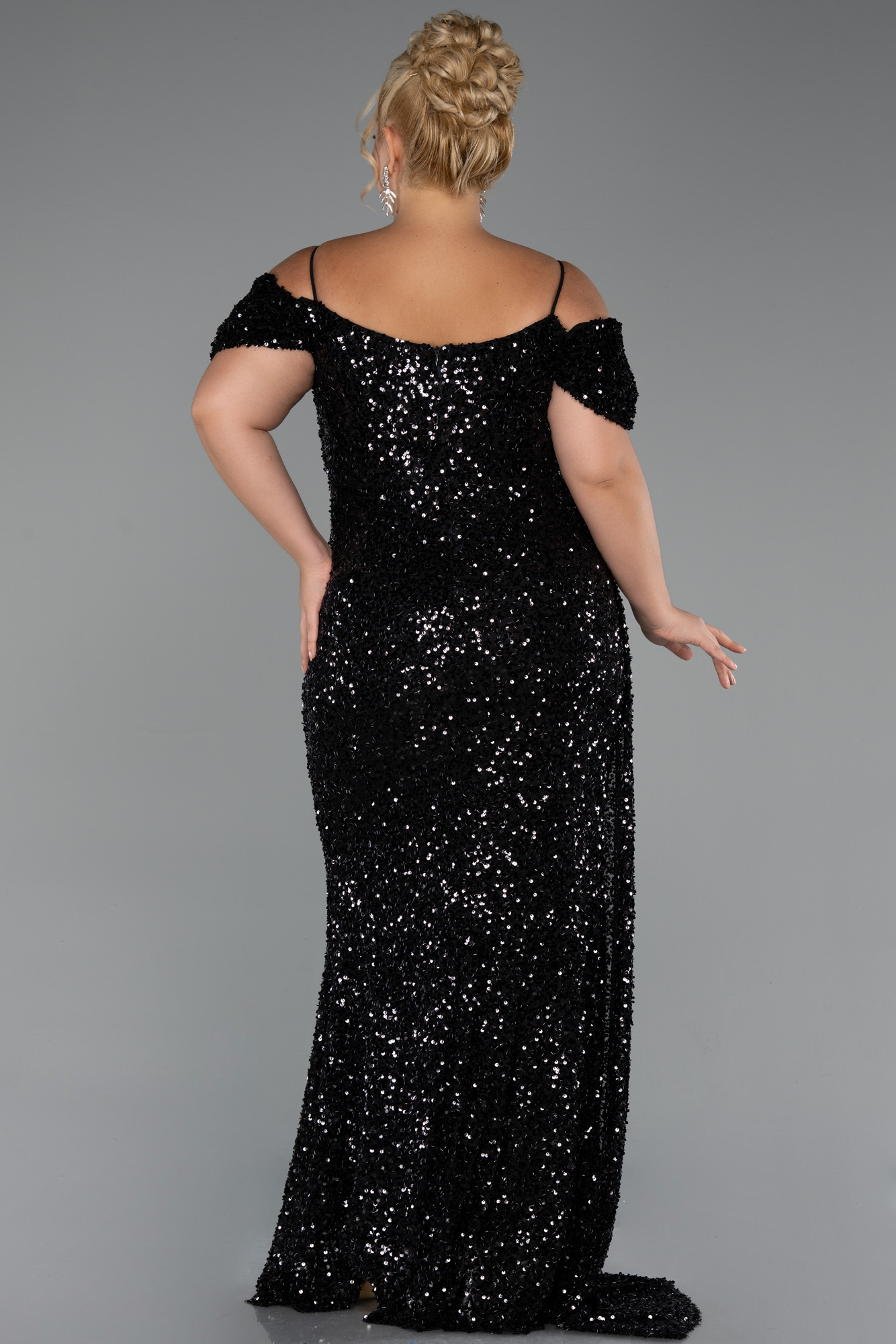 Siyah Kuyruklu Uzun Pul Payet Büyük Beden Abiye ABU5232 - Görsel 2