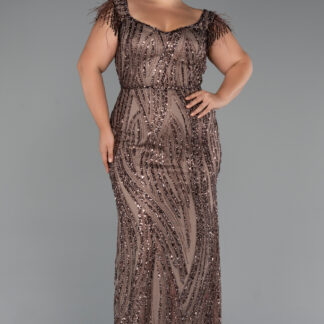 Kahve Kısa Kol V Yaka Taşlı Uzun Büyük Beden Abiye ABU5182