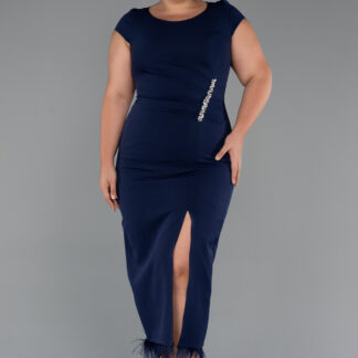 Lacivert Kısa Kol Yırtmaçlı Midi Büyük Beden Davet Elbisesi ABK2340