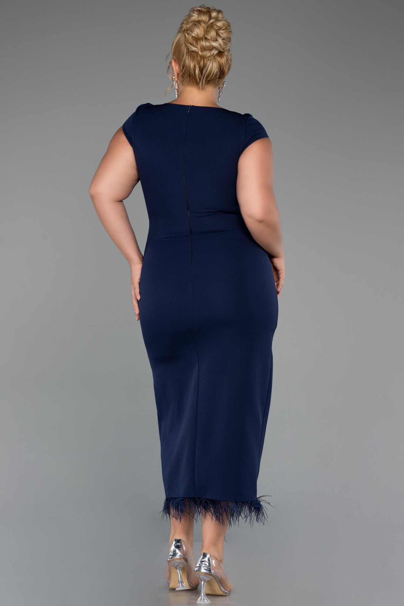 Lacivert Kısa Kol Yırtmaçlı Midi Büyük Beden Davet Elbisesi ABK2340 - Görsel 2