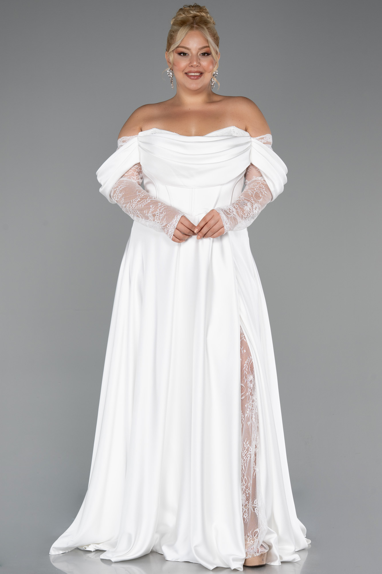 Lacivert Dantel Uzun Kol Kayık Yaka Saten Büyük Beden Abiye ABU5261 - Görsel 5