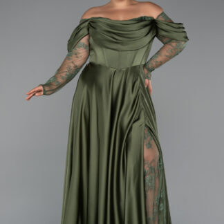 Haki Dantel Uzun Kol Kayık Yaka Saten Büyük Beden Abiye ABU5261