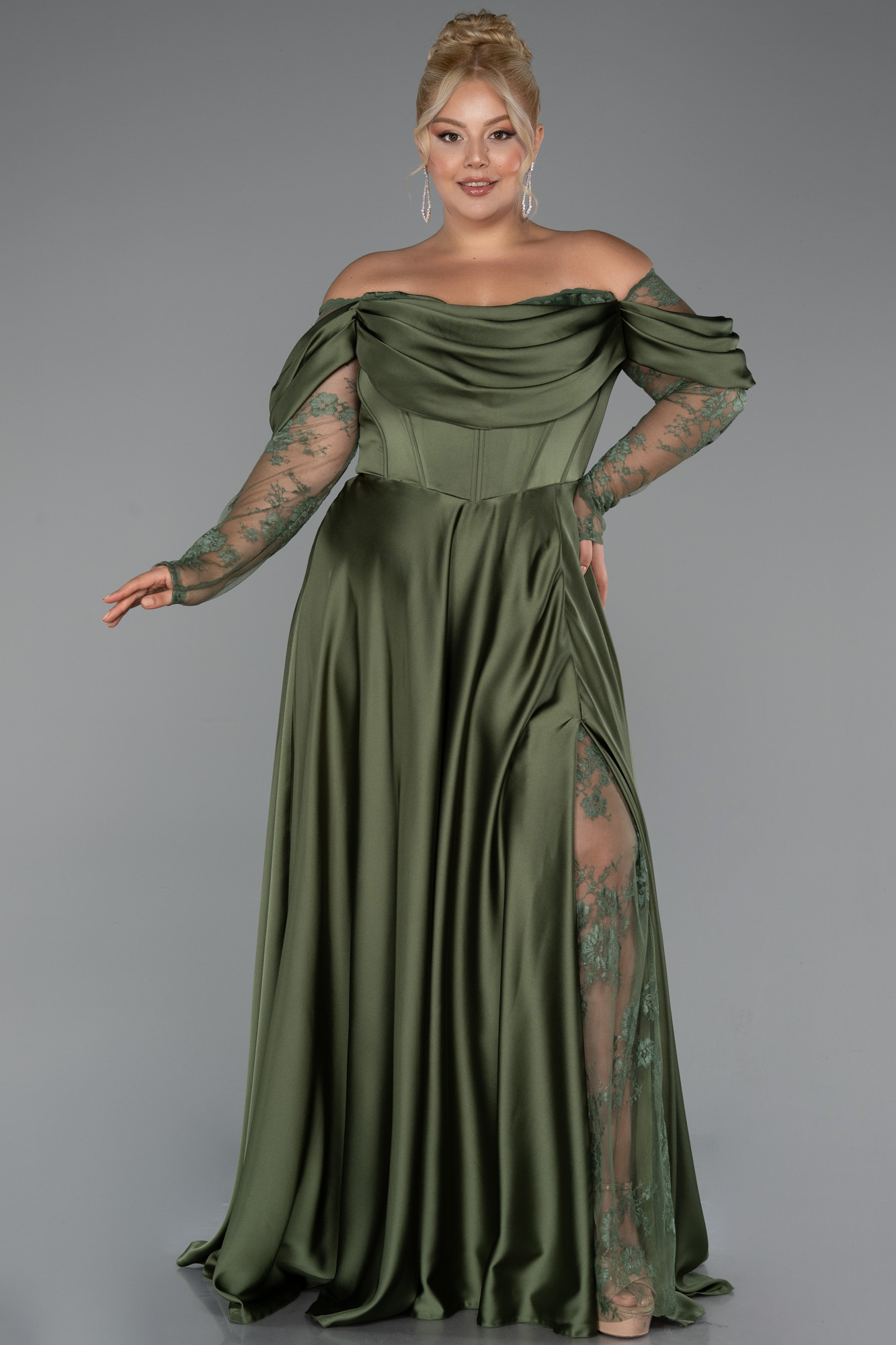 Haki Dantel Uzun Kol Kayık Yaka Saten Büyük Beden Abiye ABU5261