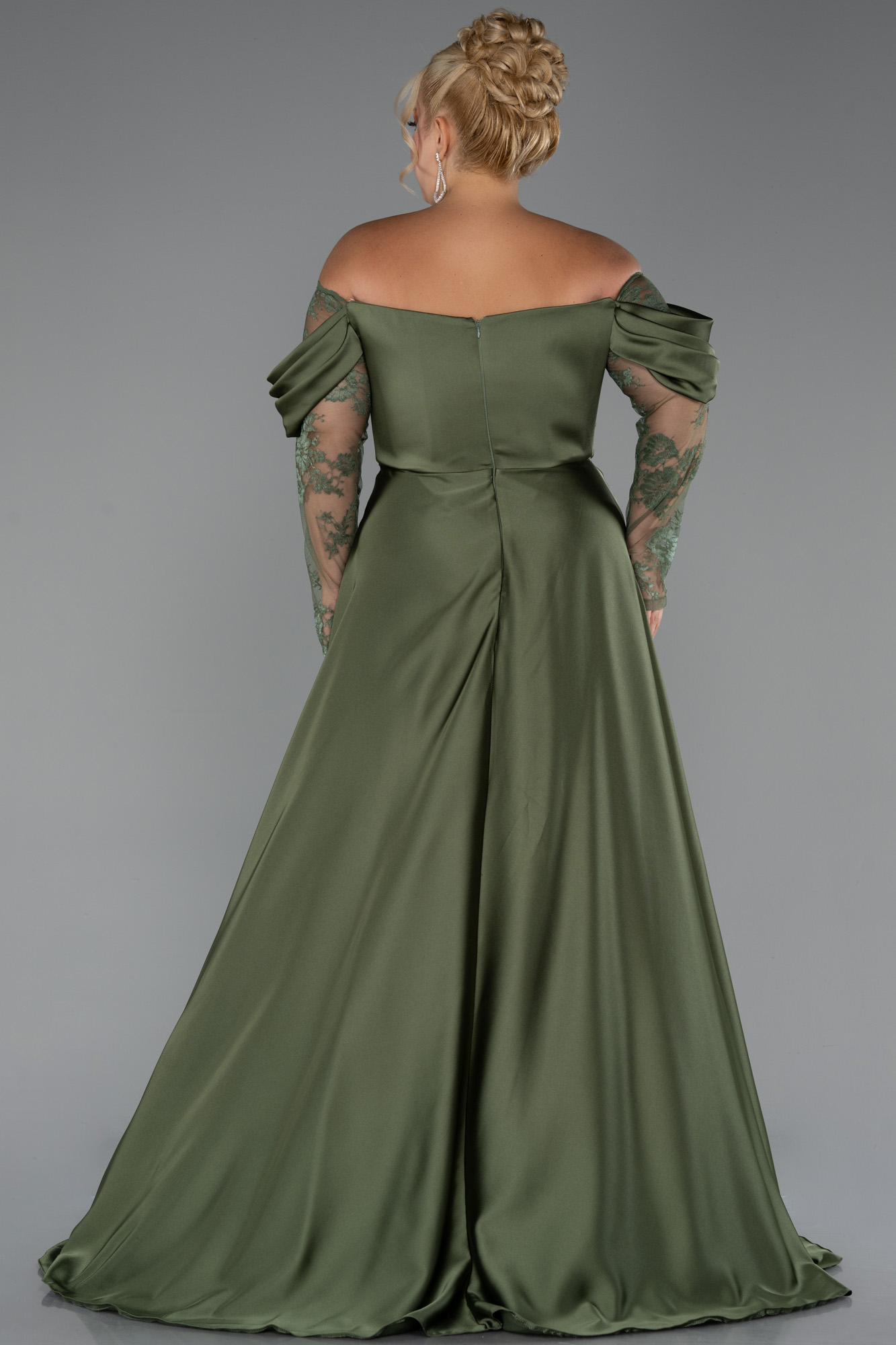 Haki Dantel Uzun Kol Kayık Yaka Saten Büyük Beden Abiye ABU5261 - Görsel 2