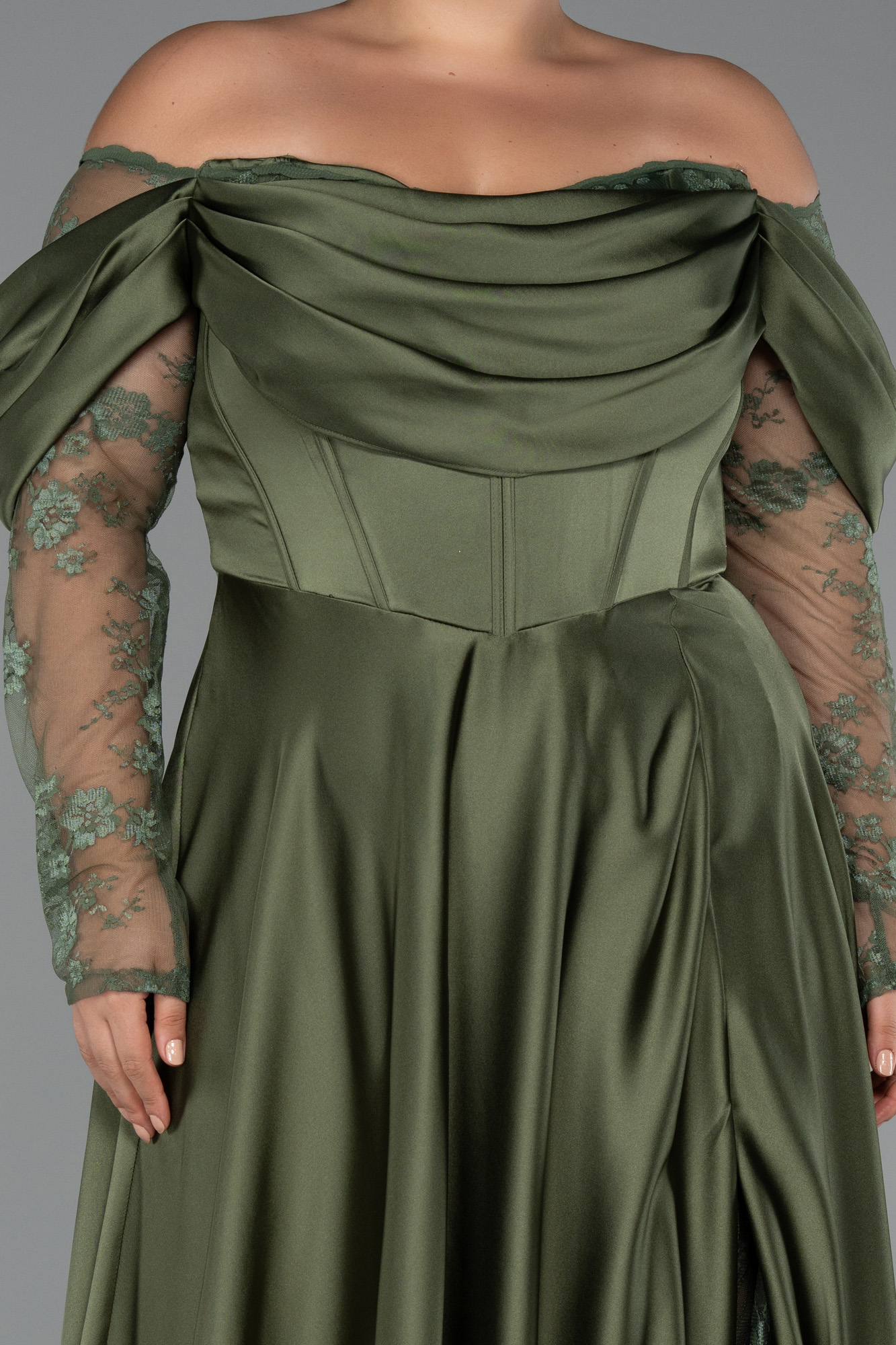 Haki Dantel Uzun Kol Kayık Yaka Saten Büyük Beden Abiye ABU5261 - Görsel 3