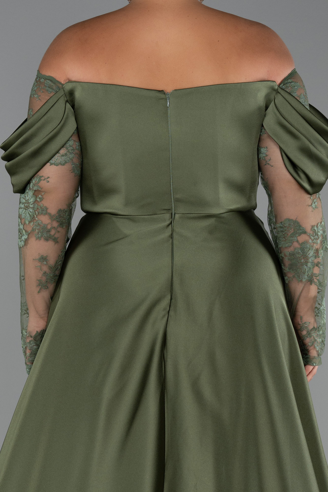 Haki Dantel Uzun Kol Kayık Yaka Saten Büyük Beden Abiye ABU5261 - Görsel 4