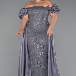 Gri Kayık Yaka Uzun Boncuklu Büyük Beden Abiye ABU5155