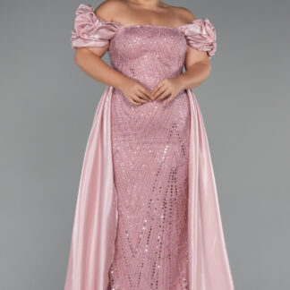 Pudra Kayık Yaka Uzun Boncuklu Büyük Beden Abiye ABU5155