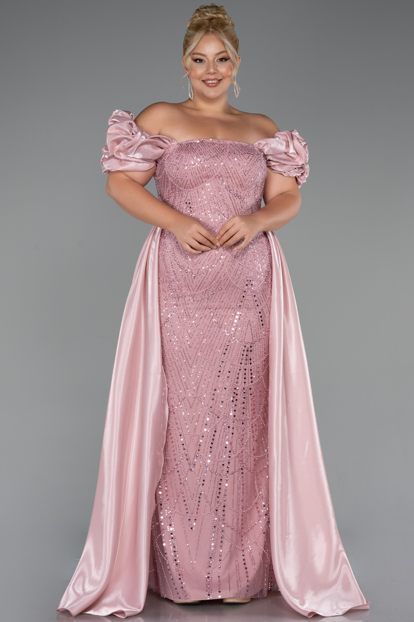 Pudra Kayık Yaka Uzun Boncuklu Büyük Beden Abiye ABU5155