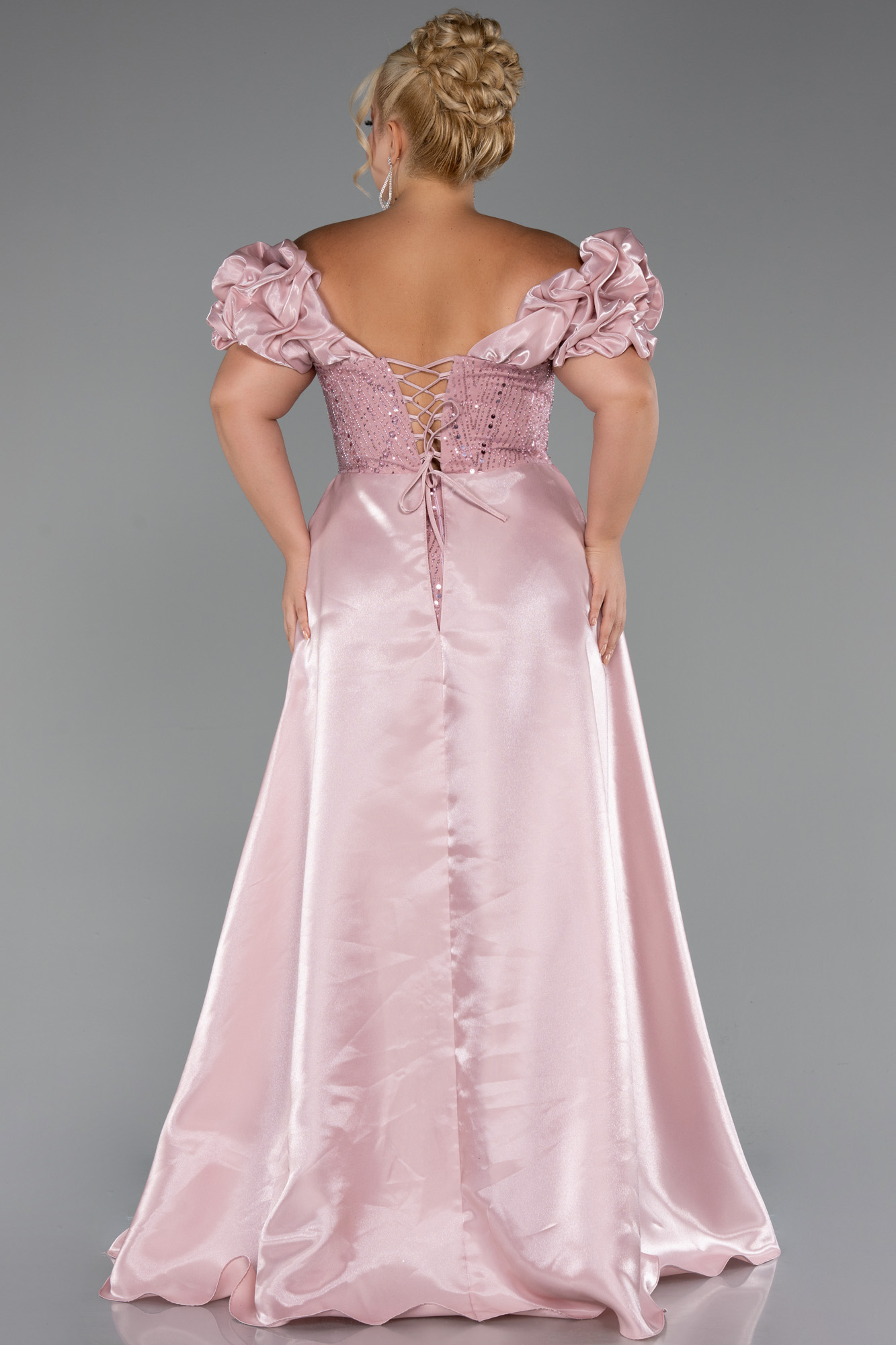 Pudra Kayık Yaka Uzun Boncuklu Büyük Beden Abiye ABU5155 - Görsel 2