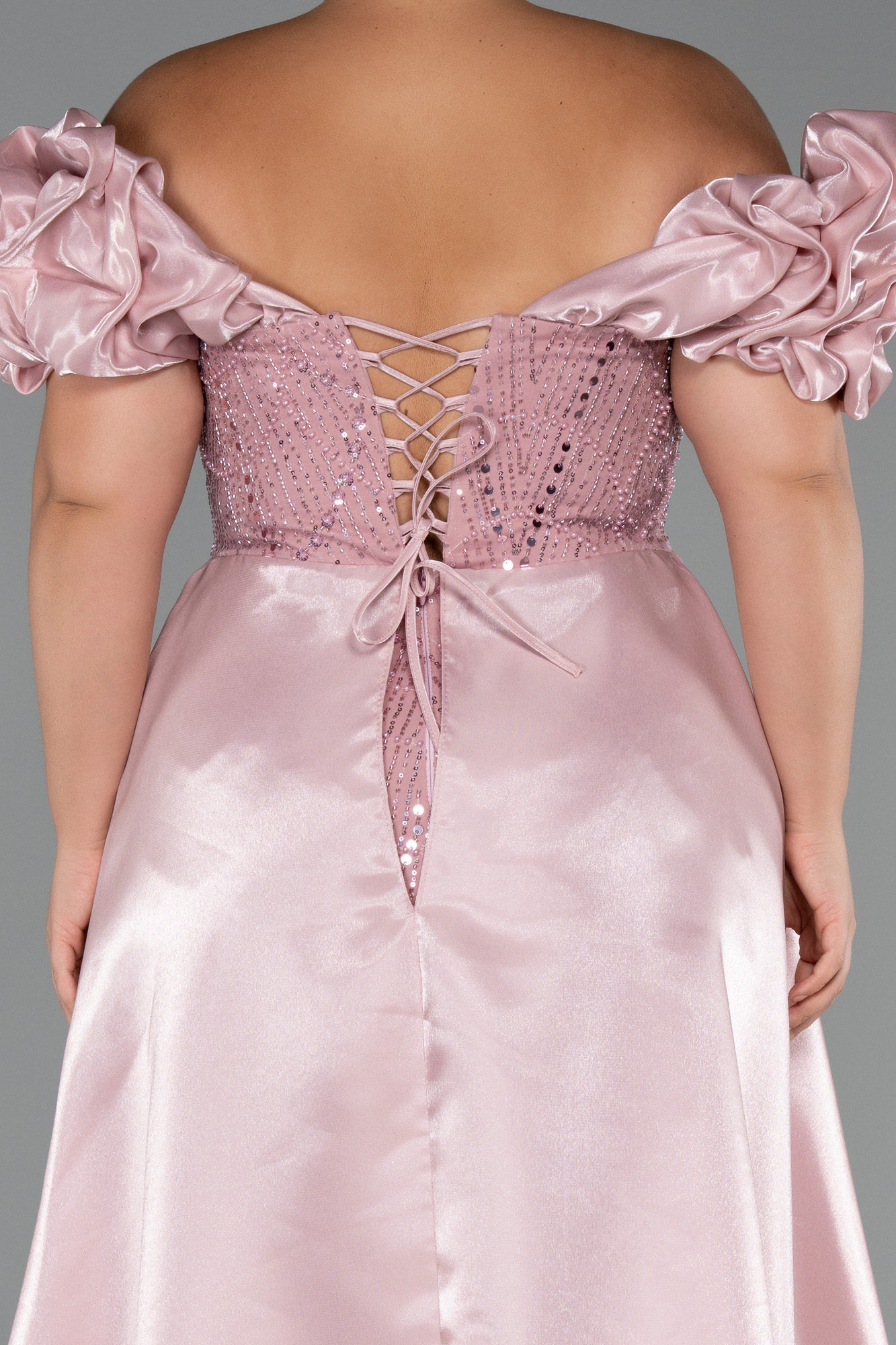 Pudra Kayık Yaka Uzun Boncuklu Büyük Beden Abiye ABU5155 - Görsel 4