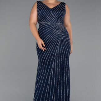 Lacivert Kolsuz Uzun Taşlı Büyük Beden Abiye ABU5256