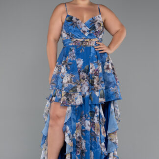 Mavi Bacak Dekolteli Uzun Desenli Büyük Beden Abiye ABU5266