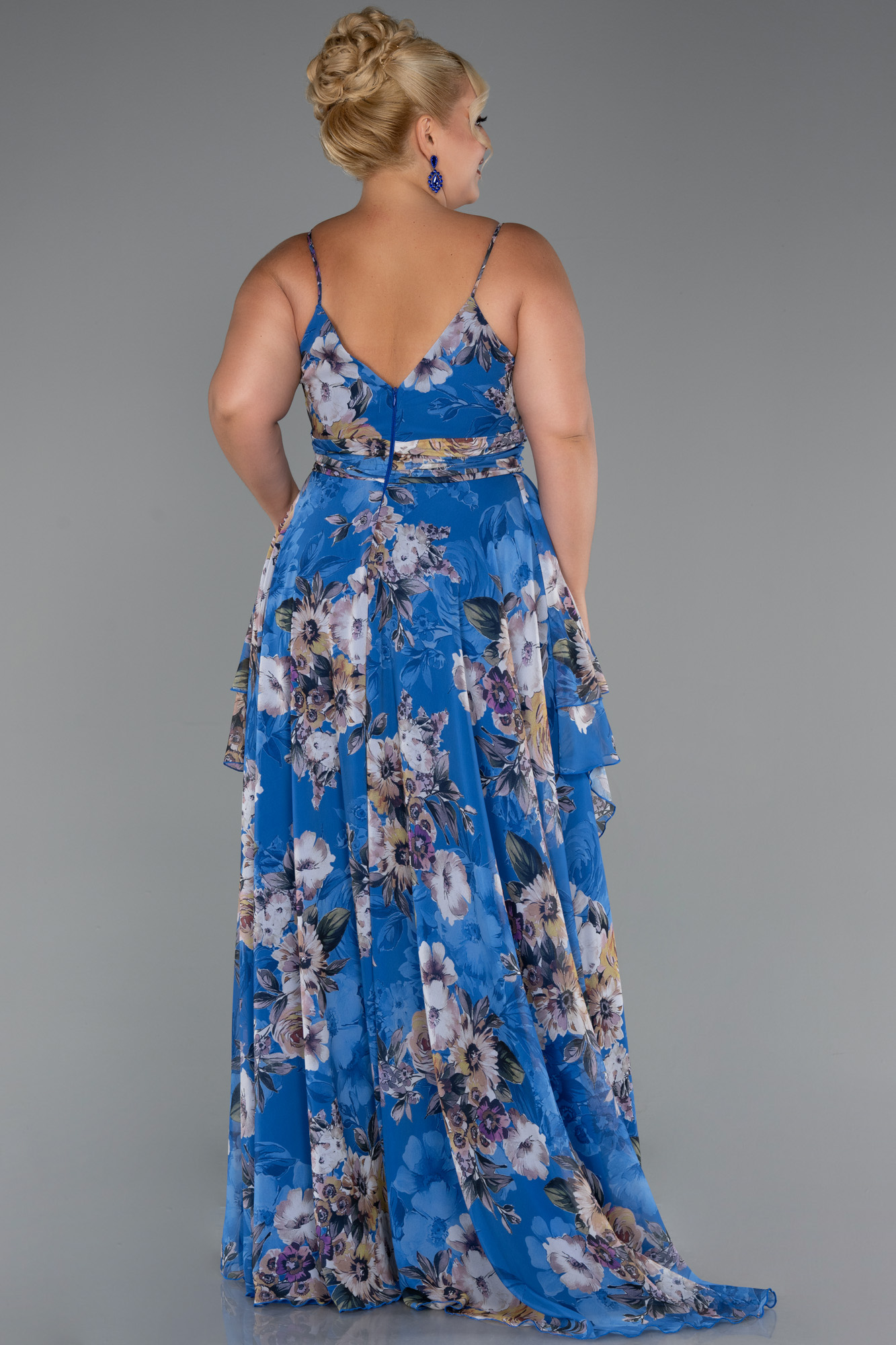 Mavi Bacak Dekolteli Uzun Desenli Büyük Beden Abiye ABU5266 - Görsel 2