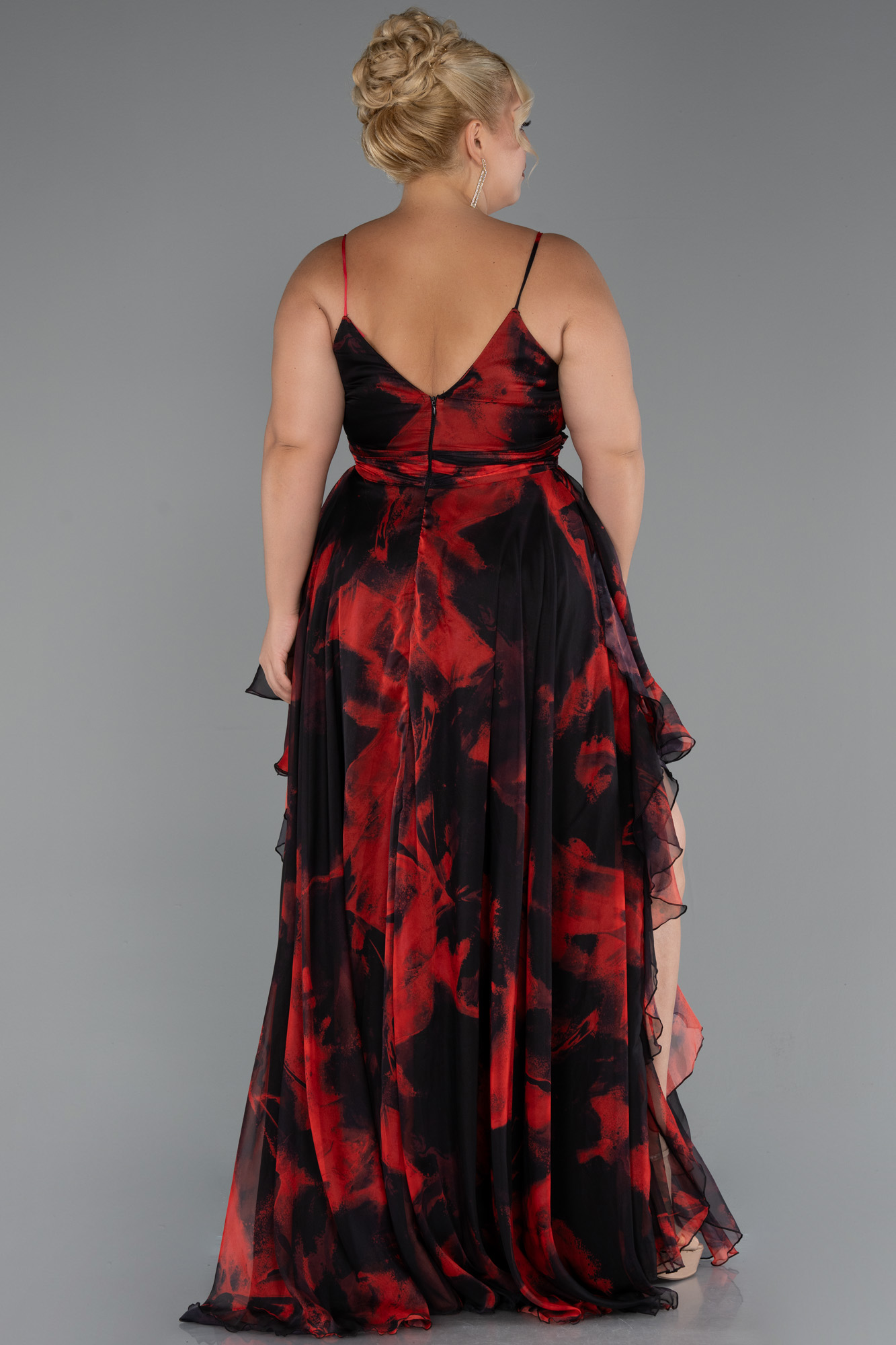 Kırmızı Bacak Dekolteli Uzun Desenli Büyük Beden Abiye ABU5267 - Görsel 3