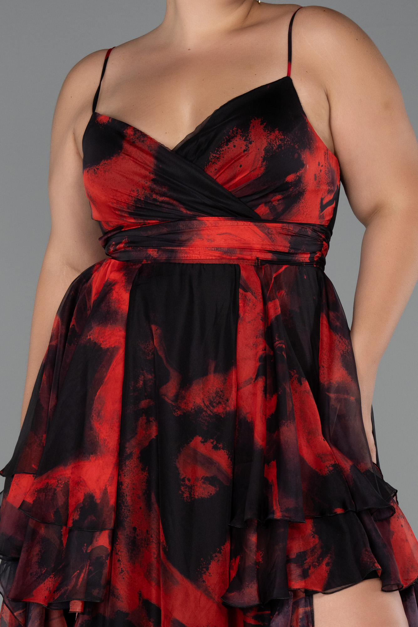 Kırmızı Bacak Dekolteli Uzun Desenli Büyük Beden Abiye ABU5267 - Görsel 4