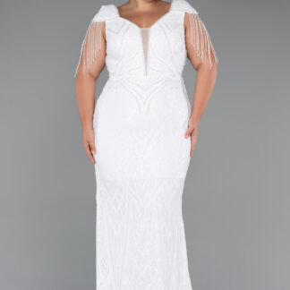 Ekru Kısa Kol V Yaka Uzun Pul Payet Büyük Beden Abiye ABU4821