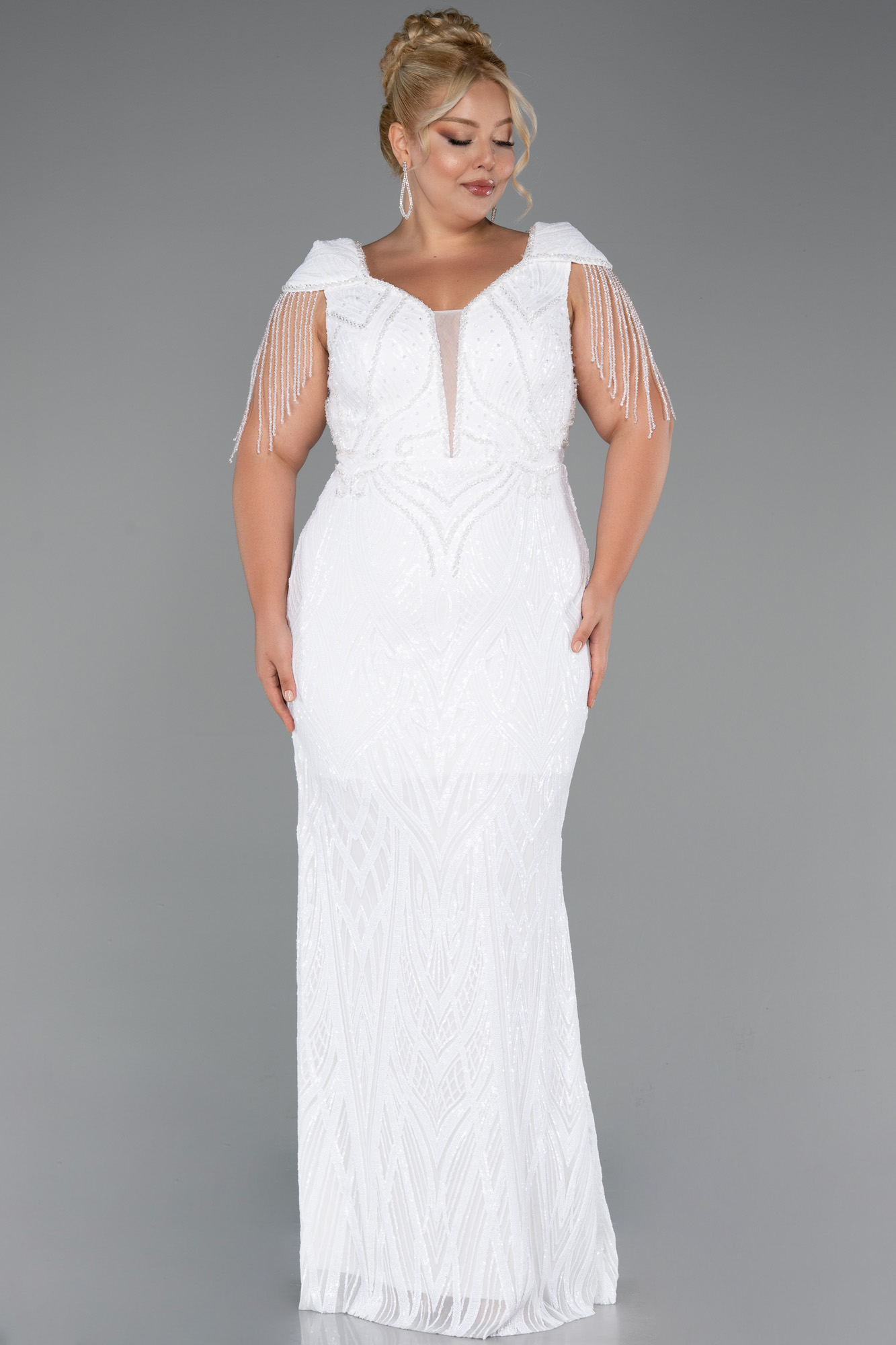 Ekru Kısa Kol V Yaka Uzun Pul Payet Büyük Beden Abiye ABU4821