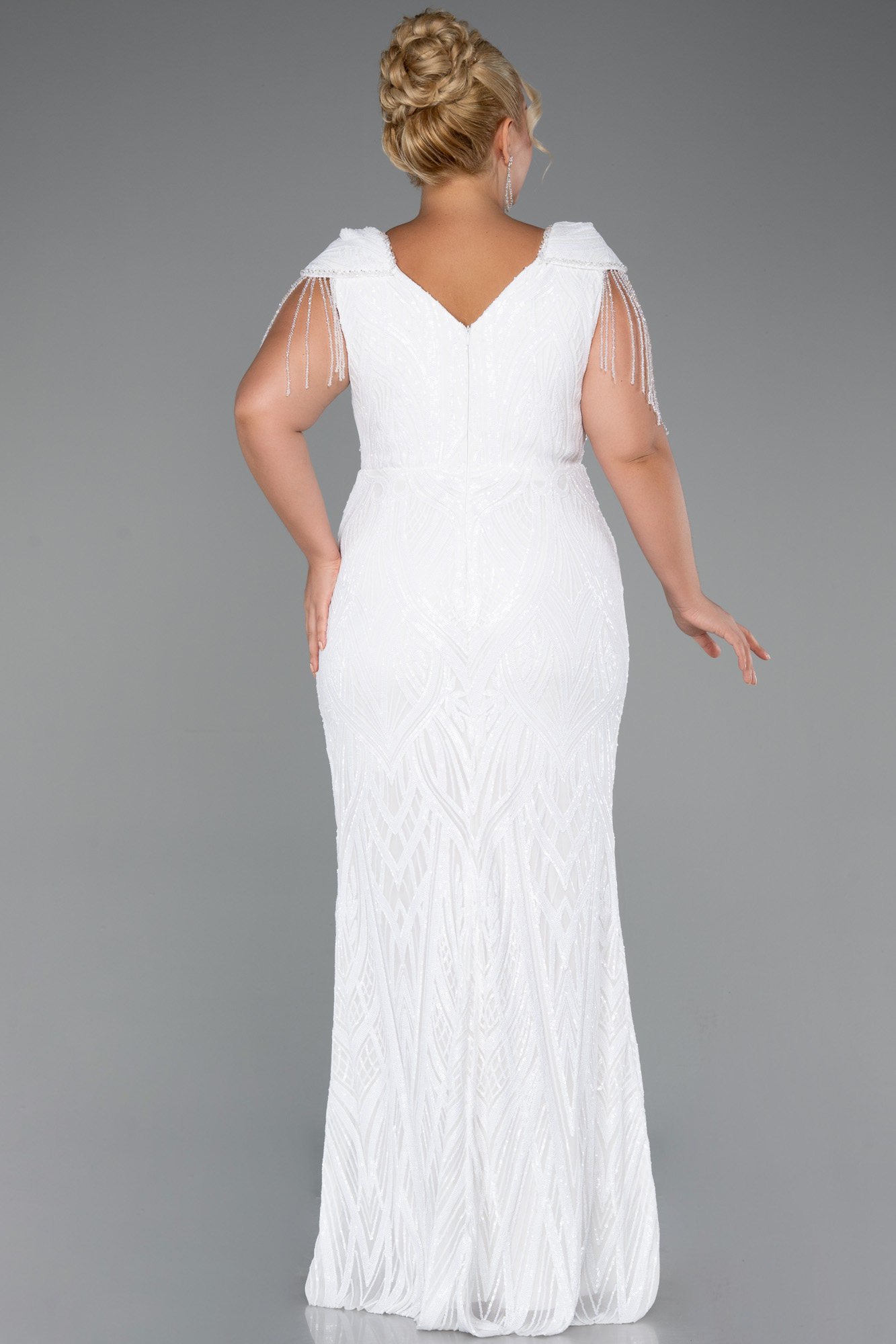 Ekru Kısa Kol V Yaka Uzun Pul Payet Büyük Beden Abiye ABU4821 - Görsel 2