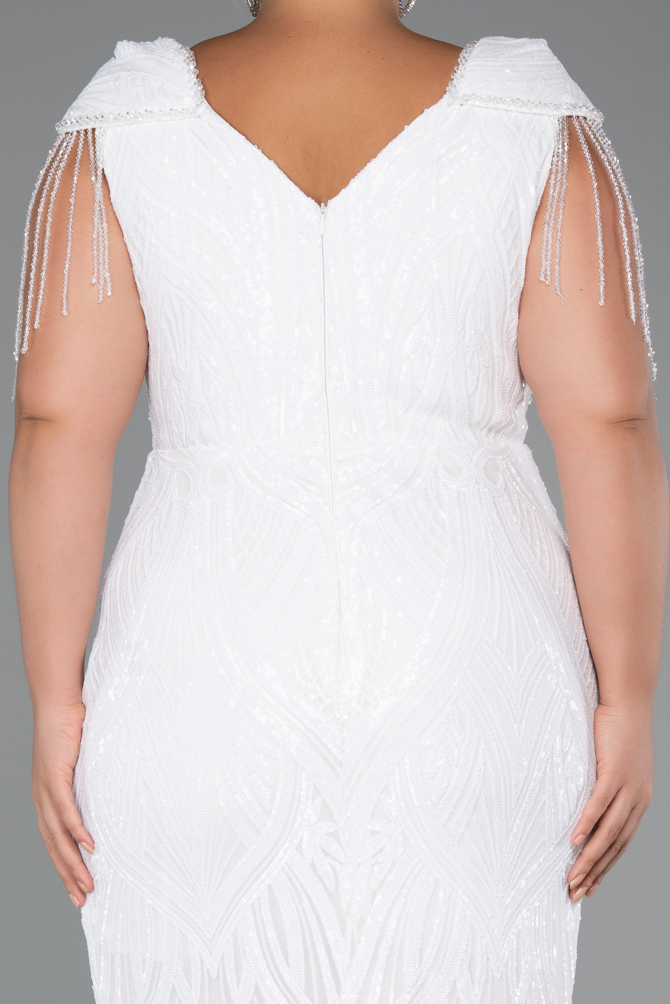 Ekru Kısa Kol V Yaka Uzun Pul Payet Büyük Beden Abiye ABU4821 - Görsel 4