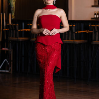 Kırmızı Straplez Peplum Detay Taşlı Uzun Balık Abiye ABU5131