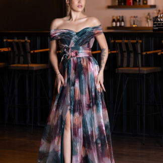 Soğan Kabuğu Kayık Yaka Uzun Empirme Abiye Elbise ABU5262