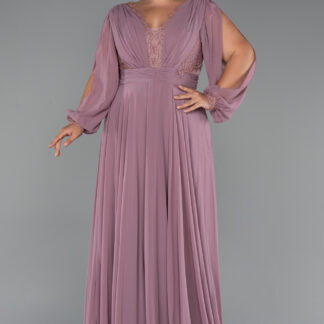 Gül Kurusu Uzun Kol V Yaka Şifon Büyük Beden Abiye ABU5276