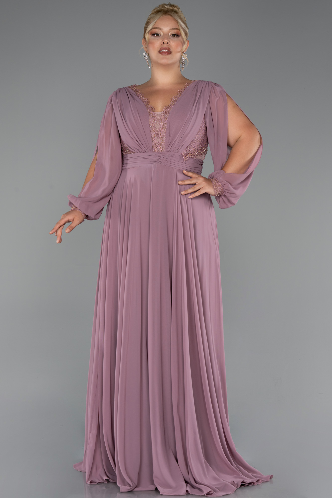 Gül Kurusu Uzun Kol V Yaka Şifon Büyük Beden Abiye ABU5276