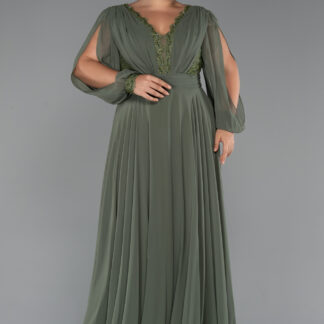 Haki Uzun Kol V Yaka Şifon Büyük Beden Abiye ABU5276