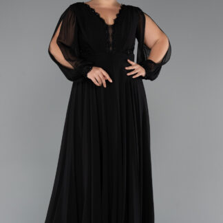 Siyah Uzun Kol V Yaka Şifon Büyük Beden Abiye ABU5276