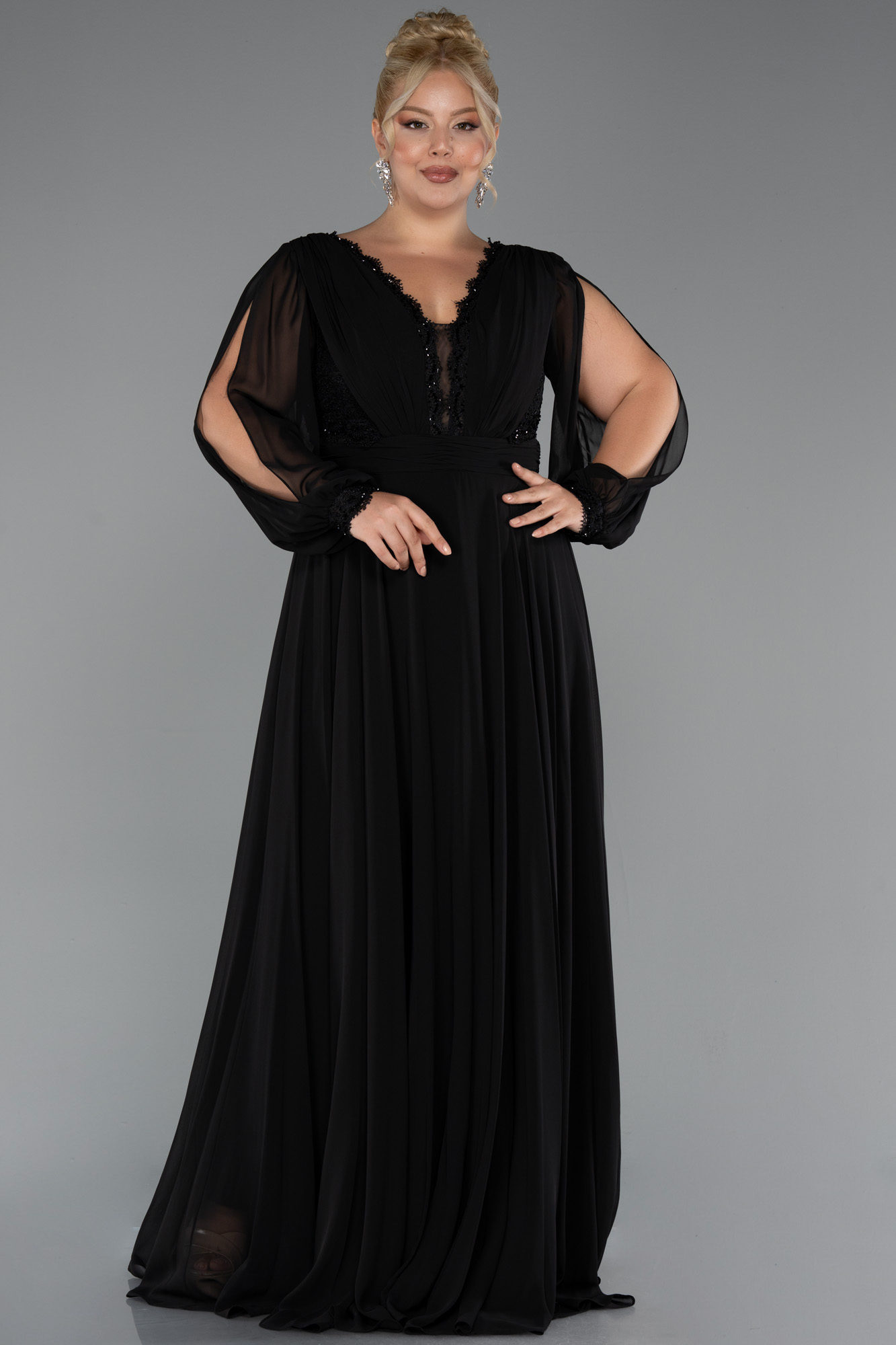 Siyah Uzun Kol V Yaka Şifon Büyük Beden Abiye ABU5276