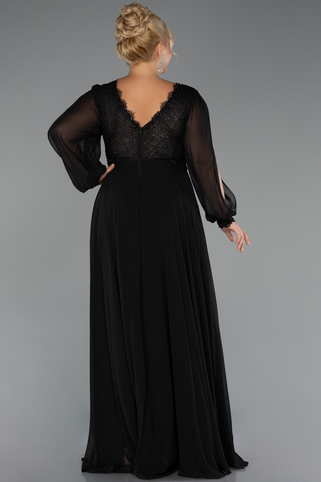 Siyah Uzun Kol V Yaka Şifon Büyük Beden Abiye ABU5276 - Görsel 2