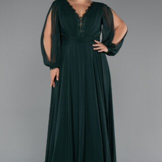 Zümrüt Yeşili Uzun Kol V Yaka Şifon Büyük Beden Abiye ABU5276