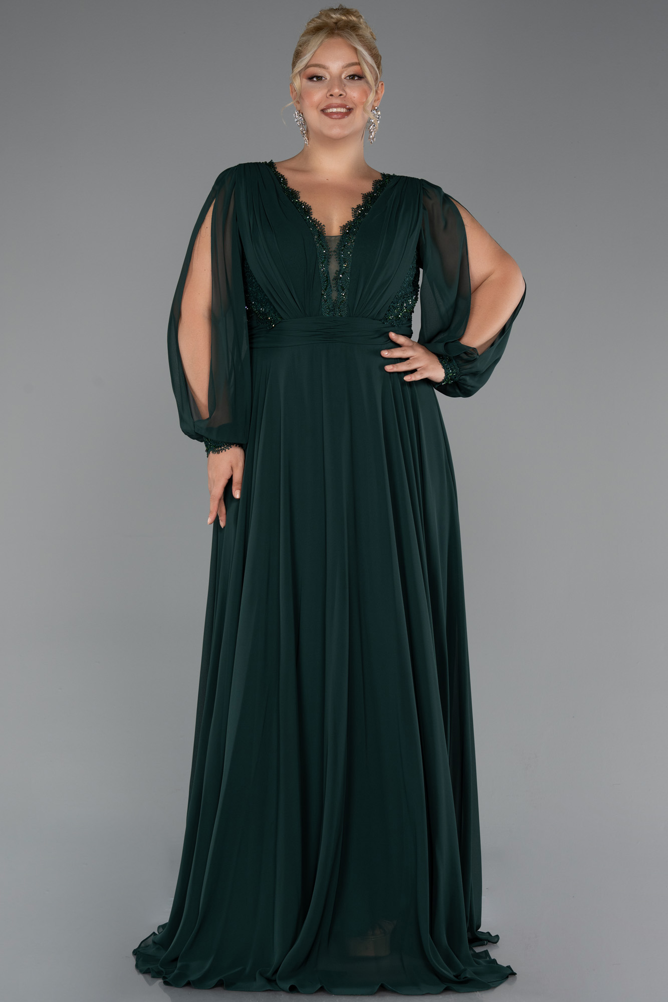 Zümrüt Yeşili Uzun Kol V Yaka Şifon Büyük Beden Abiye ABU5276