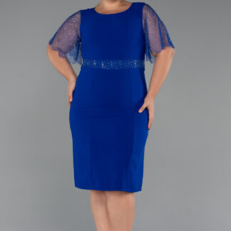 Saks Mavi Taşlı Kısa Kol Midi Büyük Beden Davet Elbisesi ABK2381
