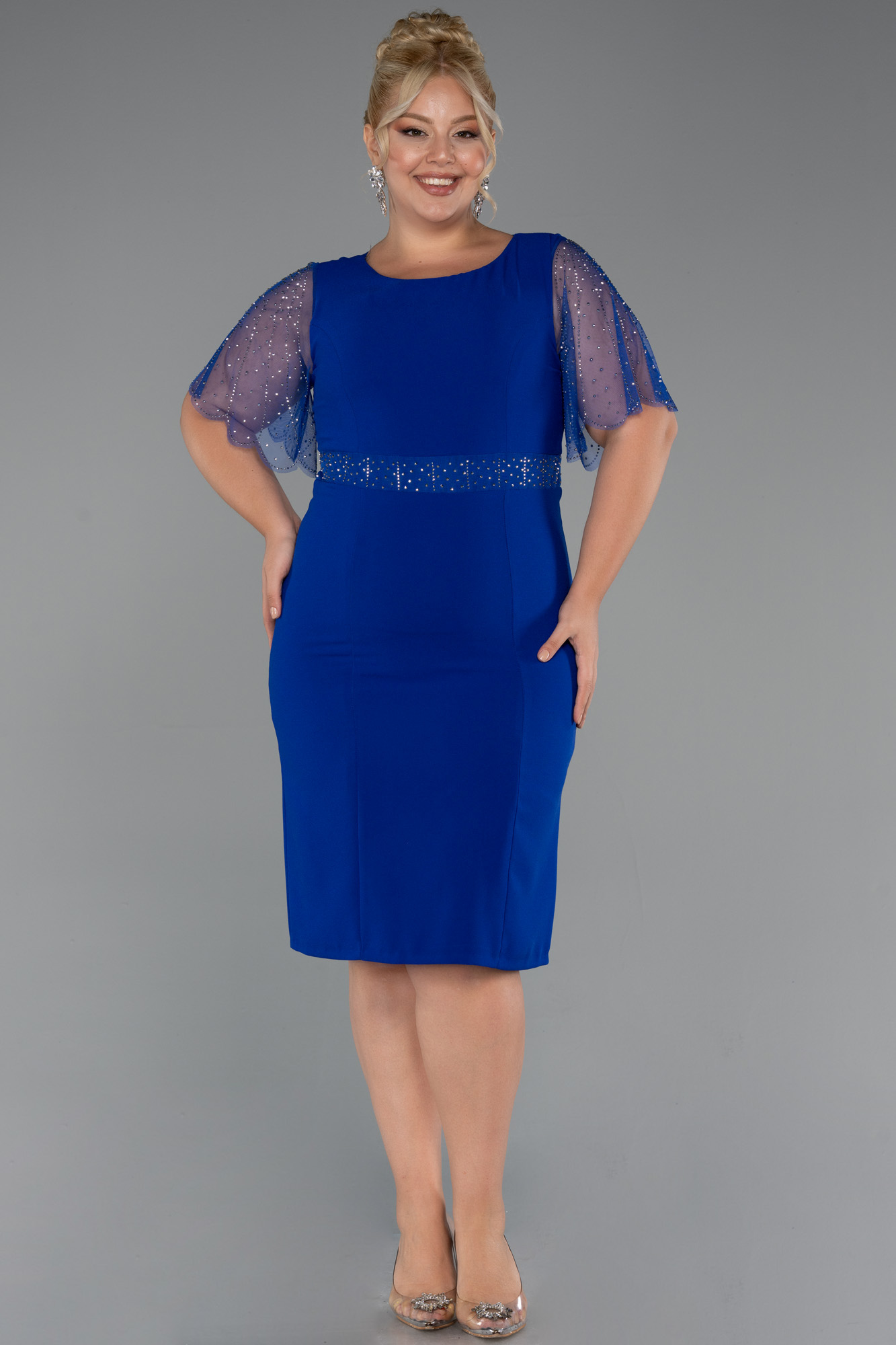 Saks Mavi Taşlı Kısa Kol Midi Büyük Beden Davet Elbisesi ABK2381
