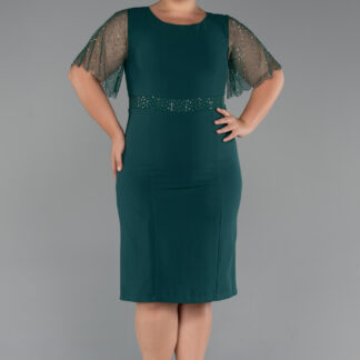 Zümrüt Yeşili Kısa Kol Midi Büyük Beden Davet Elbisesi ABK2381