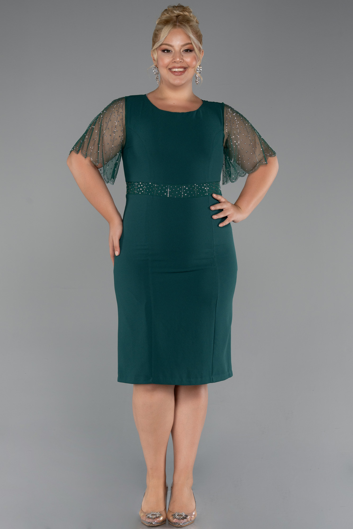Zümrüt Yeşili Kısa Kol Midi Büyük Beden Davet Elbisesi ABK2381