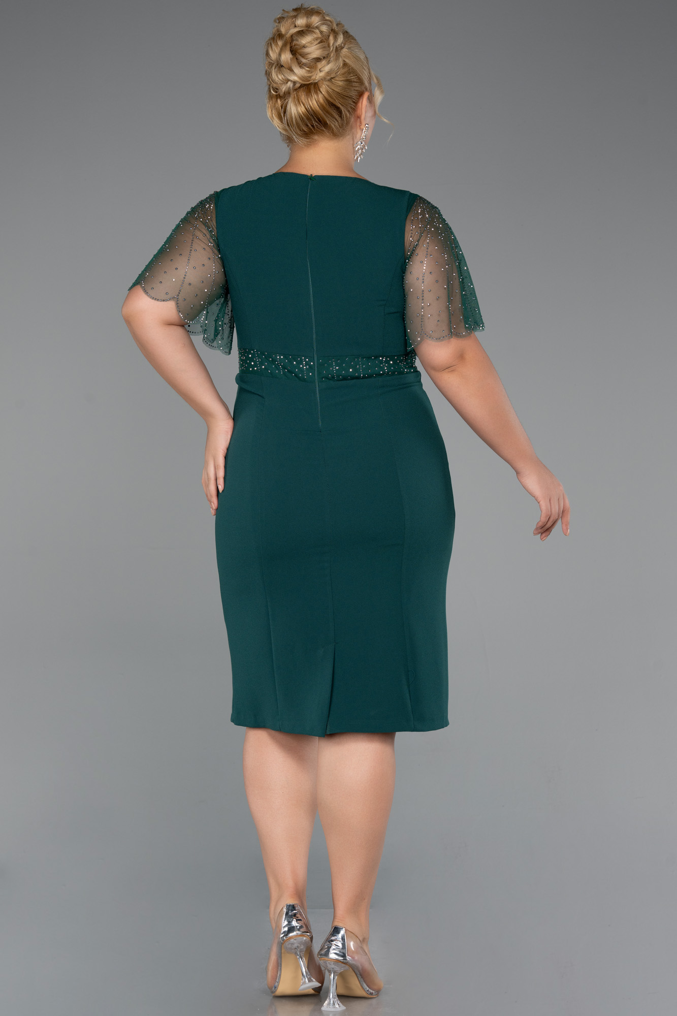 Zümrüt Yeşili Kısa Kol Midi Büyük Beden Davet Elbisesi ABK2381 - Görsel 2