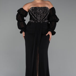 Siyah Taşlı Straplez Uzun Şifon Büyük Beden Abiye ABU5242