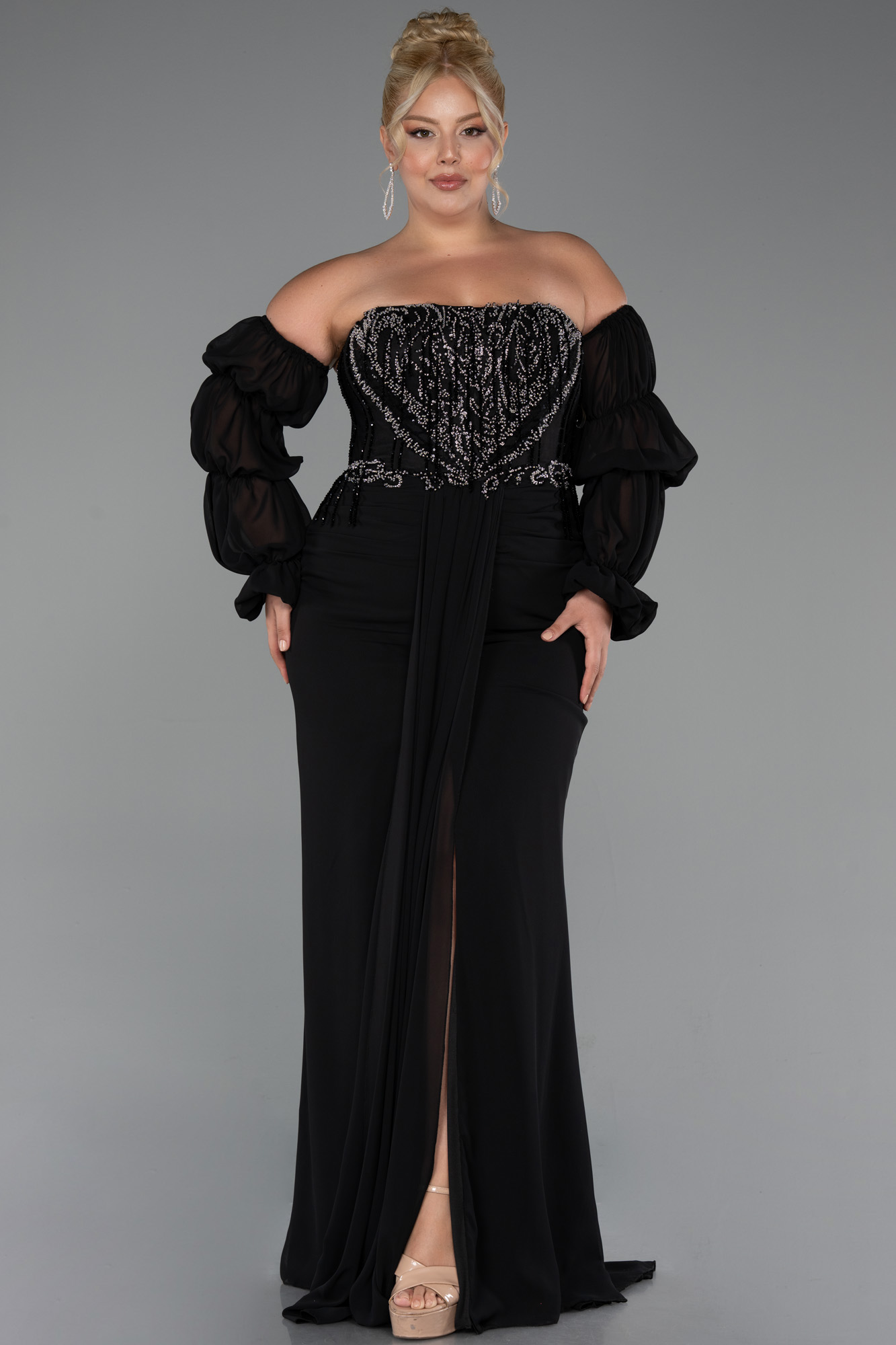 Siyah Taşlı Straplez Uzun Şifon Büyük Beden Abiye ABU5242