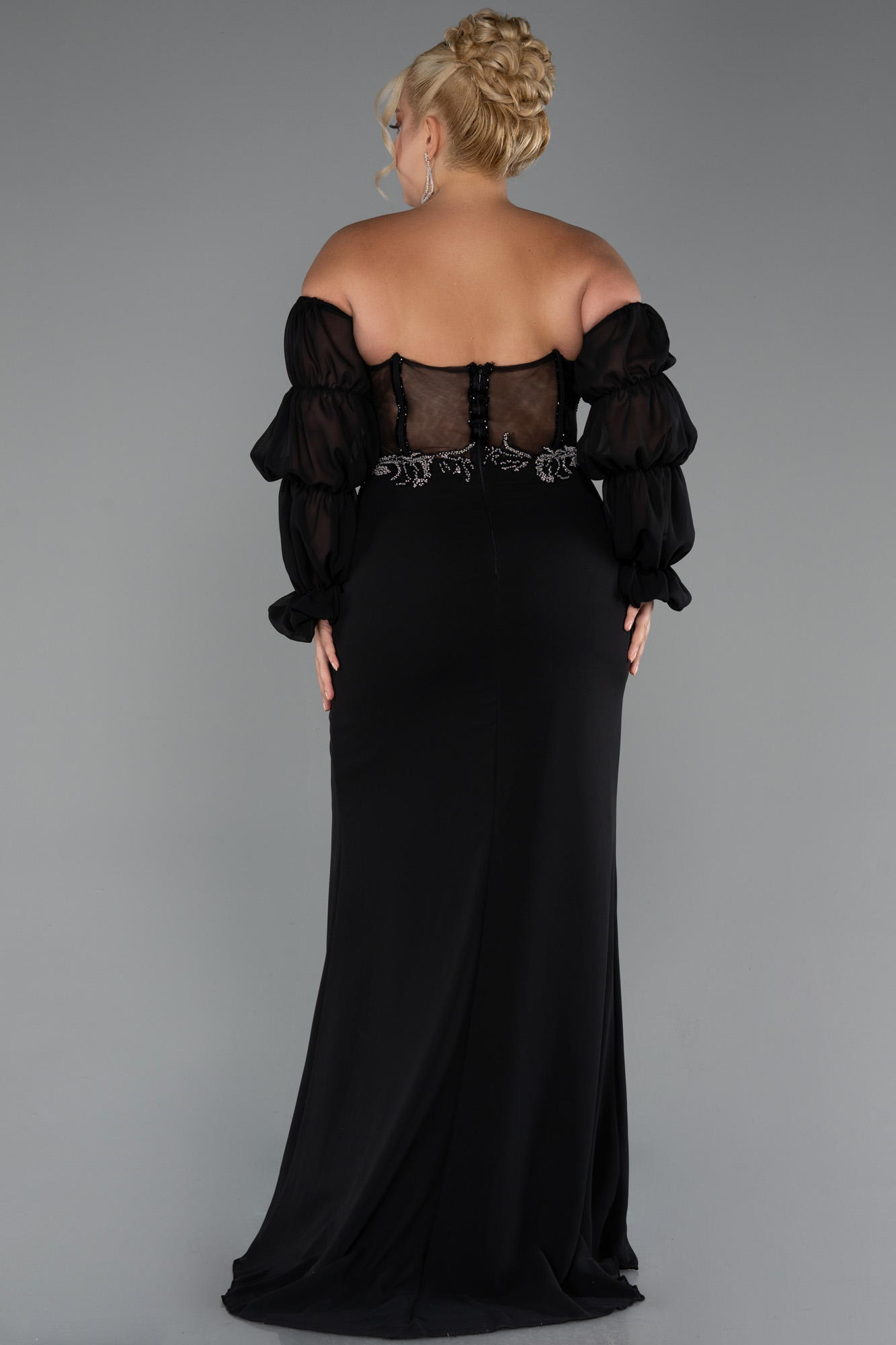 Siyah Taşlı Straplez Uzun Şifon Büyük Beden Abiye ABU5242 - Görsel 2