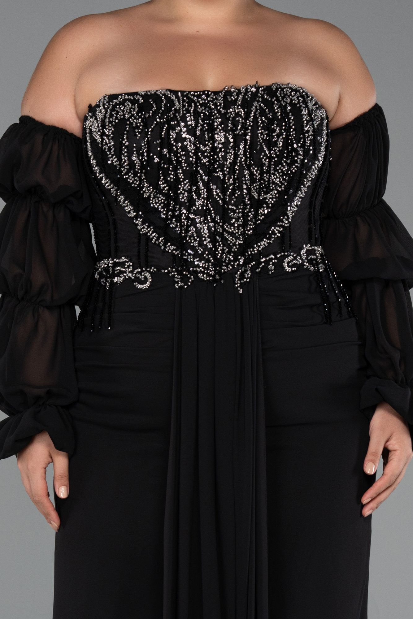 Siyah Taşlı Straplez Uzun Şifon Büyük Beden Abiye ABU5242 - Görsel 3